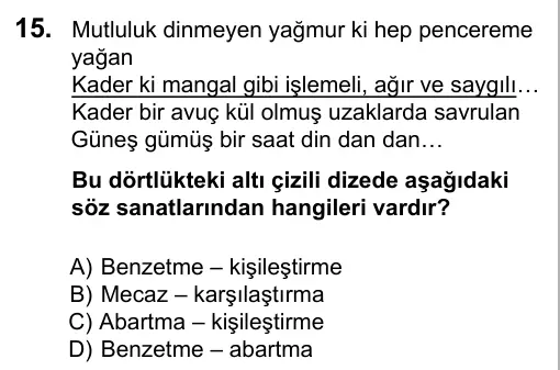 7. Sınıf Türkçe 2016 İOKBS Bursluluk Sınavı 15. Soru görseli