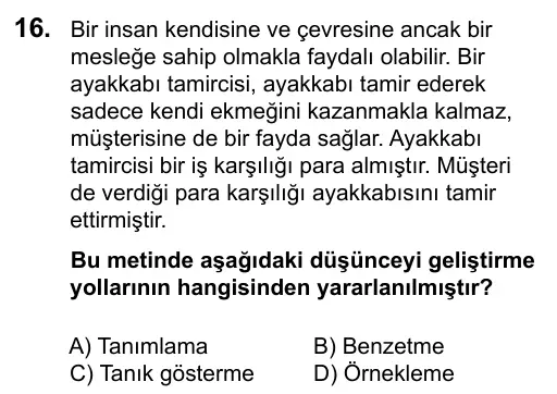 7. Sınıf Türkçe 2016 İOKBS Bursluluk Sınavı 16. Soru görseli