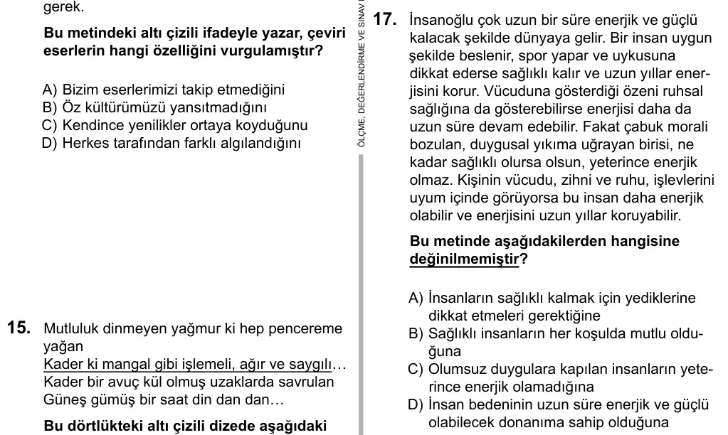 7. Sınıf Türkçe 2016 İOKBS Bursluluk Sınavı 17. Soru görseli