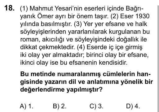 7. Sınıf Türkçe 2016 İOKBS Bursluluk Sınavı 18. Soru görseli