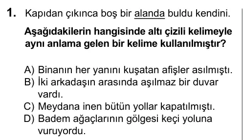 7. Sınıf Türkçe 2016 İOKBS Bursluluk Sınavı 1. Soru görseli