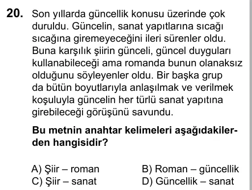 7. Sınıf Türkçe 2016 İOKBS Bursluluk Sınavı 20. Soru görseli