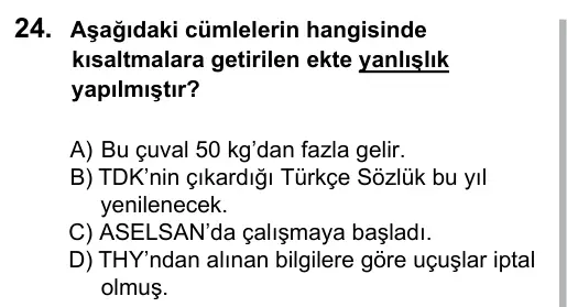 7. Sınıf Türkçe 2016 İOKBS Bursluluk Sınavı 24. Soru görseli