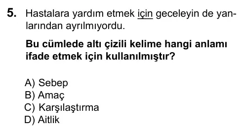 7. Sınıf Türkçe 2016 İOKBS Bursluluk Sınavı 5. Soru görseli