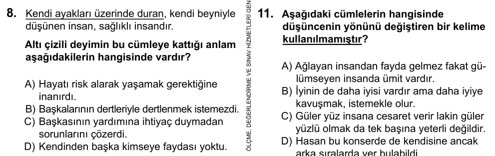 7. Sınıf Türkçe 2016 İOKBS Bursluluk Sınavı 8. Soru görseli