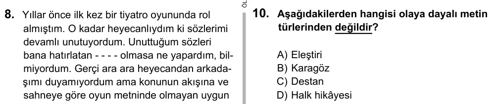 9, 10, 11. Sınıf Dil ve Anlatım 2016 İOKBS Bursluluk Sınavı 10. Soru görseli