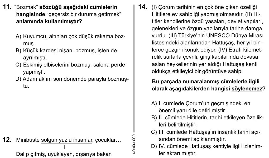 9, 10, 11. Sınıf Dil ve Anlatım 2016 İOKBS Bursluluk Sınavı 14. Soru görseli