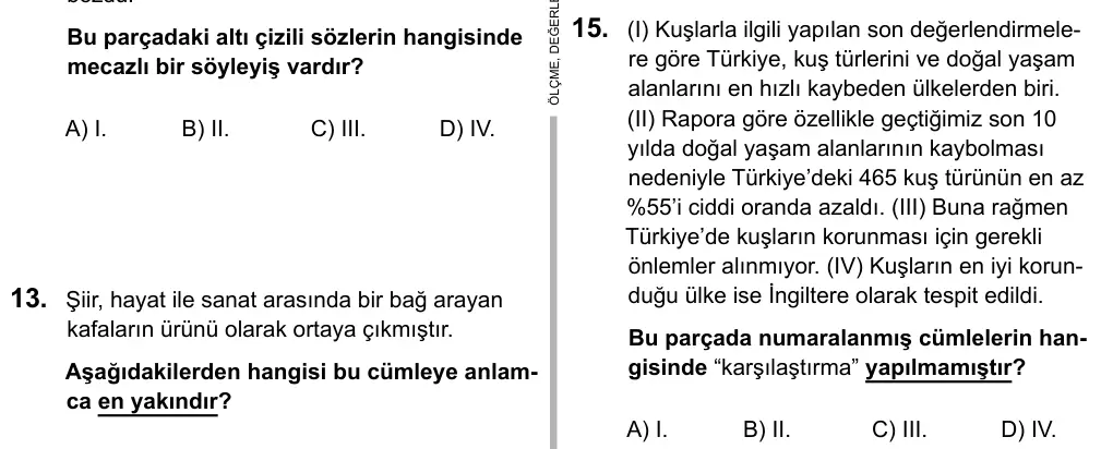 9, 10, 11. Sınıf Dil ve Anlatım 2016 İOKBS Bursluluk Sınavı 15. Soru görseli