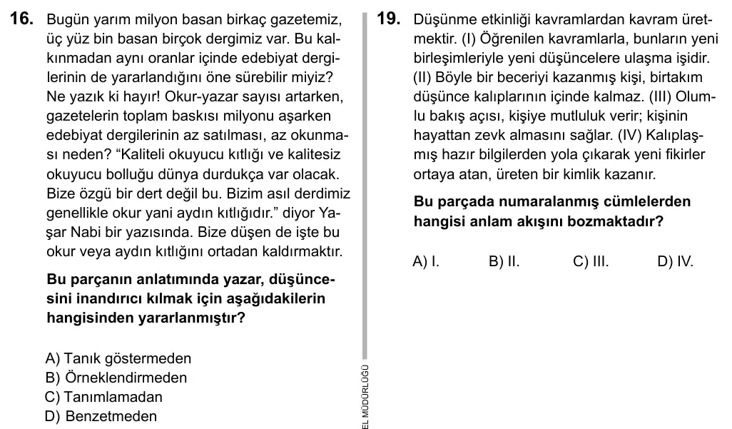 9, 10, 11. Sınıf Dil ve Anlatım 2016 İOKBS Bursluluk Sınavı 16. Soru görseli