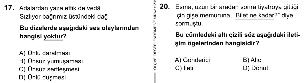 9, 10, 11. Sınıf Dil ve Anlatım 2016 İOKBS Bursluluk Sınavı 17. Soru görseli