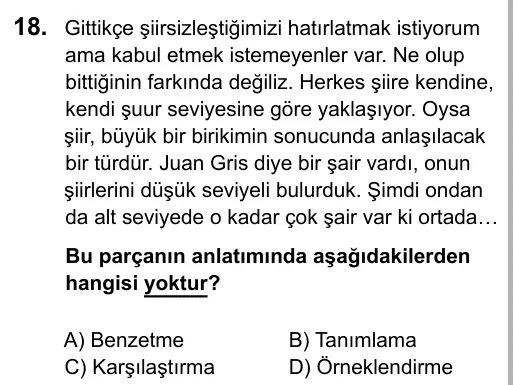 9, 10, 11. Sınıf Dil ve Anlatım 2016 İOKBS Bursluluk Sınavı 18. Soru görseli