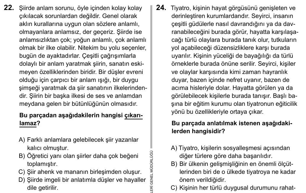 9, 10, 11. Sınıf Dil ve Anlatım 2016 İOKBS Bursluluk Sınavı 22. Soru görseli