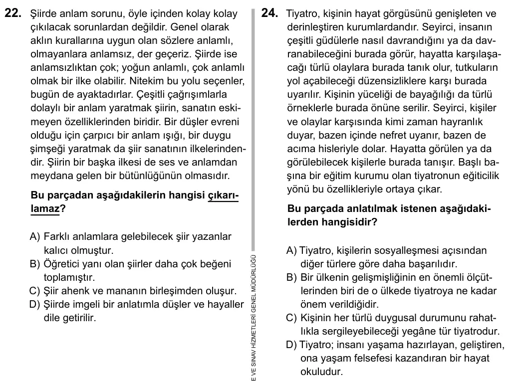 9, 10, 11. Sınıf Dil ve Anlatım 2016 İOKBS Bursluluk Sınavı 24. Soru görseli