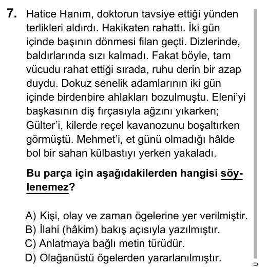 9, 10, 11. Sınıf Dil ve Anlatım 2016 İOKBS Bursluluk Sınavı 7. Soru görseli