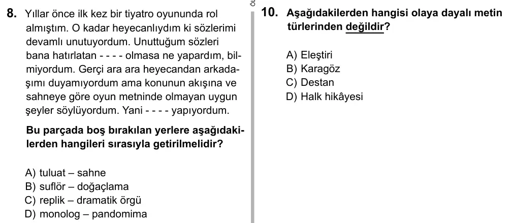 9, 10, 11. Sınıf Dil ve Anlatım 2016 İOKBS Bursluluk Sınavı 8. Soru görseli