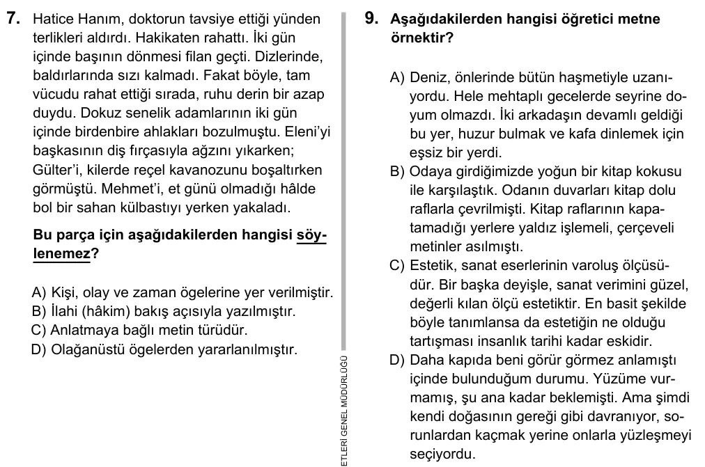 9, 10, 11. Sınıf Dil ve Anlatım 2016 İOKBS Bursluluk Sınavı 9. Soru görseli
