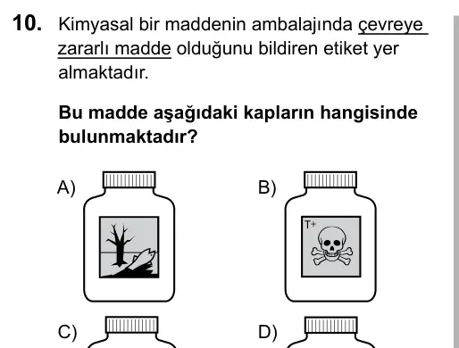 9, 10, 11. Sınıf Fen Bilimleri 2016 İOKBS Bursluluk Sınavı 10. Soru görseli