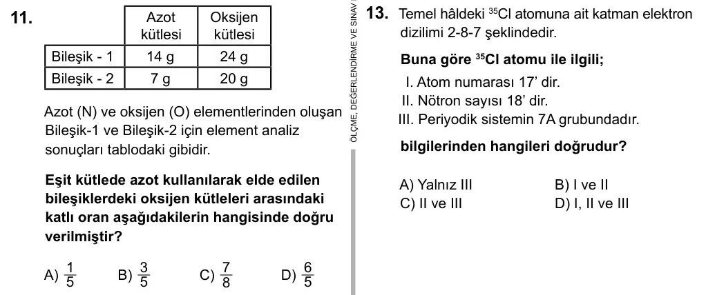9, 10, 11. Sınıf Fen Bilimleri 2016 İOKBS Bursluluk Sınavı 11. Soru görseli