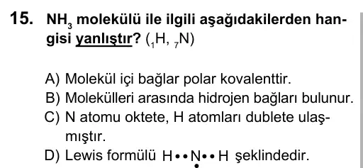 9, 10, 11. Sınıf Fen Bilimleri 2016 İOKBS Bursluluk Sınavı 15. Soru görseli
