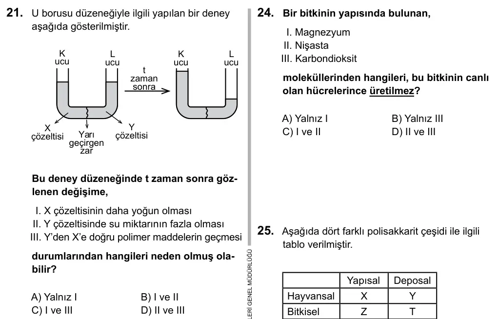9, 10, 11. Sınıf Fen Bilimleri 2016 İOKBS Bursluluk Sınavı 21. Soru görseli