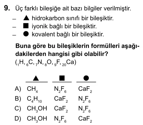 9, 10, 11. Sınıf Fen Bilimleri 2016 İOKBS Bursluluk Sınavı 9. Soru görseli