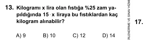 9, 10, 11. Sınıf Matematik 2016 İOKBS Bursluluk Sınavı 13. Soru görseli