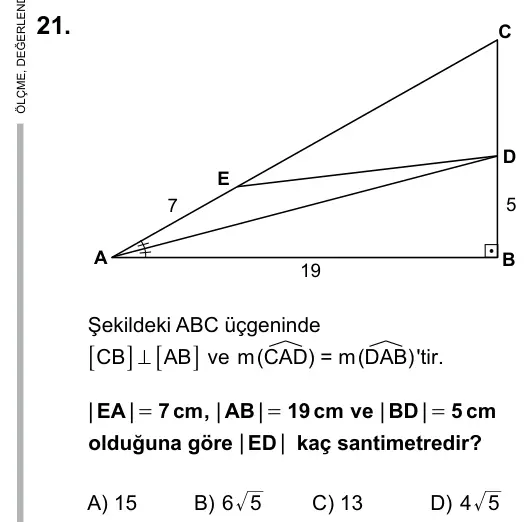 9, 10, 11. Sınıf Matematik 2016 İOKBS Bursluluk Sınavı 21. Soru görseli