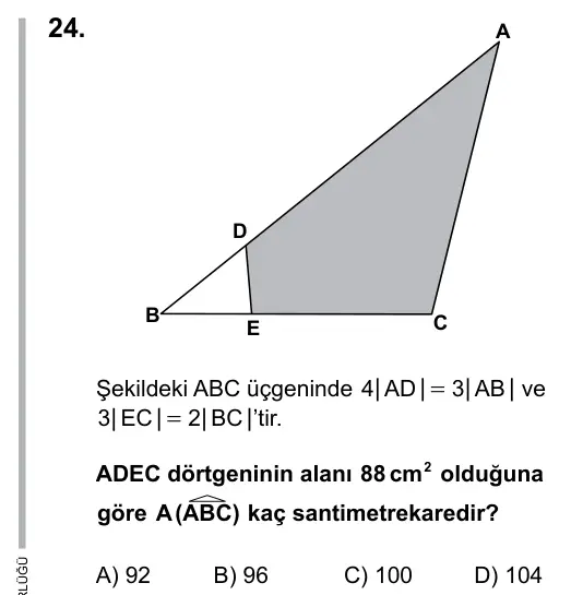 9, 10, 11. Sınıf Matematik 2016 İOKBS Bursluluk Sınavı 24. Soru görseli