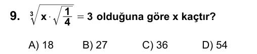 9, 10, 11. Sınıf Matematik 2016 İOKBS Bursluluk Sınavı 9. Soru görseli