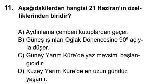9, 10, 11. Sınıf Sosyal Bilgiler 2016 İOKBS Bursluluk Sınavı 11. Soru görseli