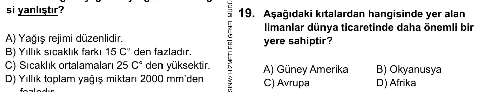9, 10, 11. Sınıf Sosyal Bilgiler 2016 İOKBS Bursluluk Sınavı 19. Soru görseli