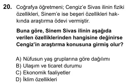 9, 10, 11. Sınıf Sosyal Bilgiler 2016 İOKBS Bursluluk Sınavı 20. Soru görseli (1/2)