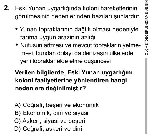 9, 10, 11. Sınıf Sosyal Bilgiler 2016 İOKBS Bursluluk Sınavı 2. Soru görseli