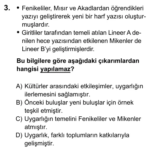 9, 10, 11. Sınıf Sosyal Bilgiler 2016 İOKBS Bursluluk Sınavı 3. Soru görseli