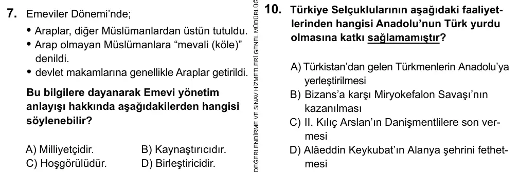 9, 10, 11. Sınıf Sosyal Bilgiler 2016 İOKBS Bursluluk Sınavı 7. Soru görseli