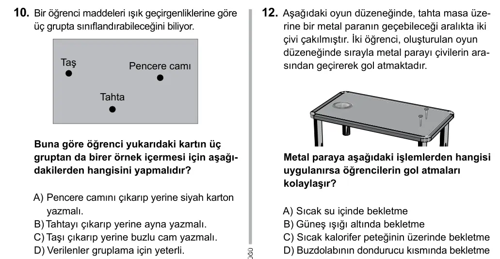 5. Sınıf Fen Bilimleri 2017 İOKBS Bursluluk Sınavı 10. Soru görseli