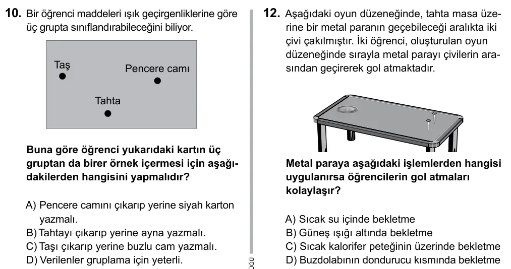 5. Sınıf Fen Bilimleri 2017 İOKBS Bursluluk Sınavı 12. Soru görseli