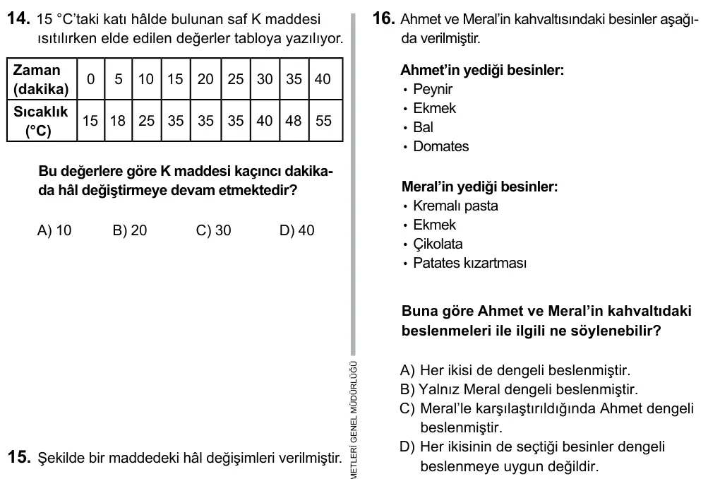 5. Sınıf Fen Bilimleri 2017 İOKBS Bursluluk Sınavı 16. Soru görseli