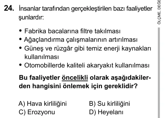5. Sınıf Fen Bilimleri 2017 İOKBS Bursluluk Sınavı 24. Soru görseli