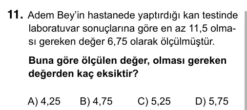 5. Sınıf Matematik 2017 İOKBS Bursluluk Sınavı 11. Soru görseli
