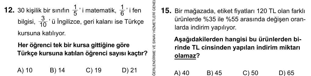 5. Sınıf Matematik 2017 İOKBS Bursluluk Sınavı 12. Soru görseli