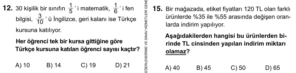 5. Sınıf Matematik 2017 İOKBS Bursluluk Sınavı 15. Soru görseli