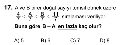 5. Sınıf Matematik 2017 İOKBS Bursluluk Sınavı 17. Soru görseli