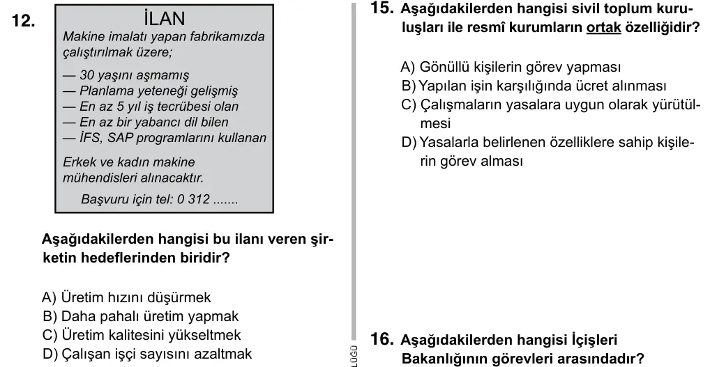 5. Sınıf Sosyal Bilgiler 2017 İOKBS Bursluluk Sınavı 12. Soru görseli