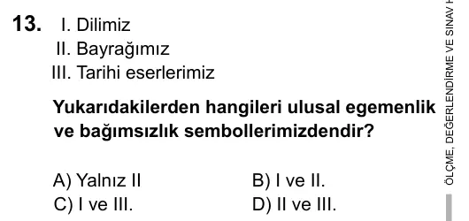 5. Sınıf Sosyal Bilgiler 2017 İOKBS Bursluluk Sınavı 13. Soru görseli
