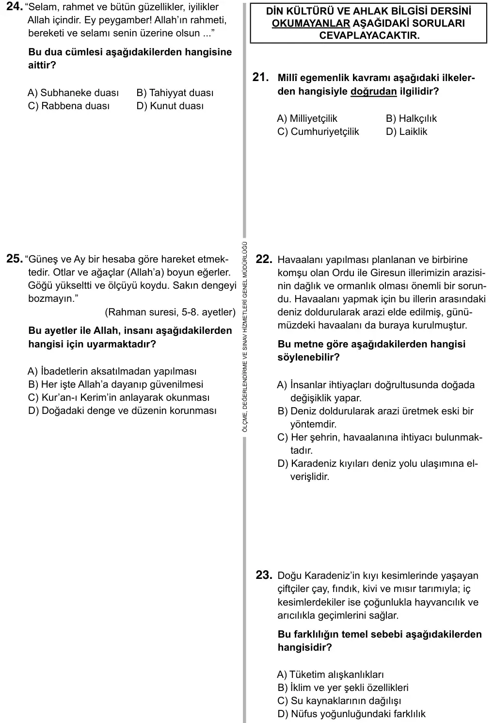 5. Sınıf Sosyal Bilgiler 2017 İOKBS Bursluluk Sınavı 25. Soru görseli (1/3)
