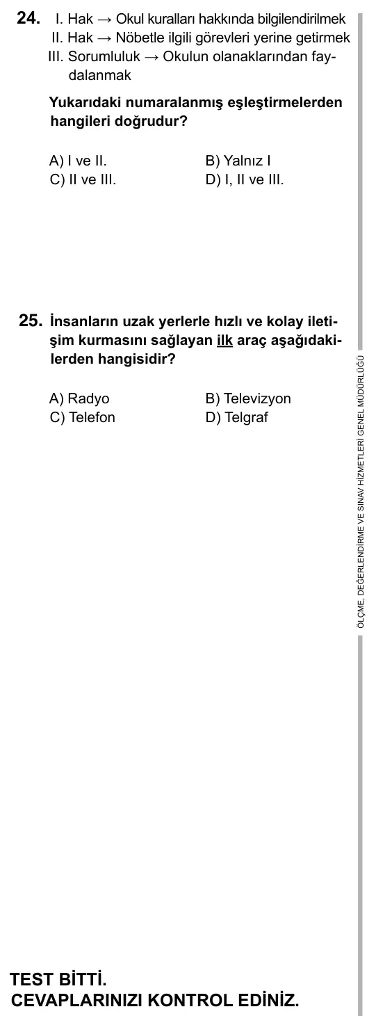 5. Sınıf Sosyal Bilgiler 2017 İOKBS Bursluluk Sınavı 25. Soru görseli (2/3)