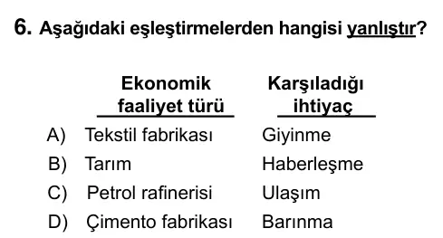5. Sınıf Sosyal Bilgiler 2017 İOKBS Bursluluk Sınavı 6. Soru görseli