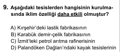 5. Sınıf Sosyal Bilgiler 2017 İOKBS Bursluluk Sınavı 9. Soru görseli
