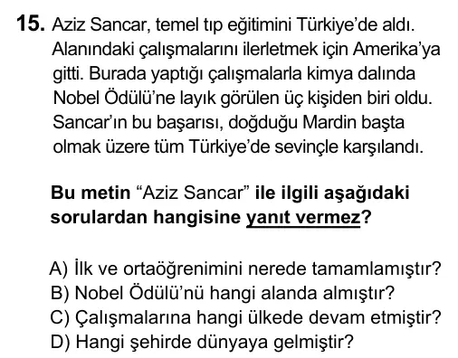 5. Sınıf Türkçe 2017 İOKBS Bursluluk Sınavı 15. Soru görseli